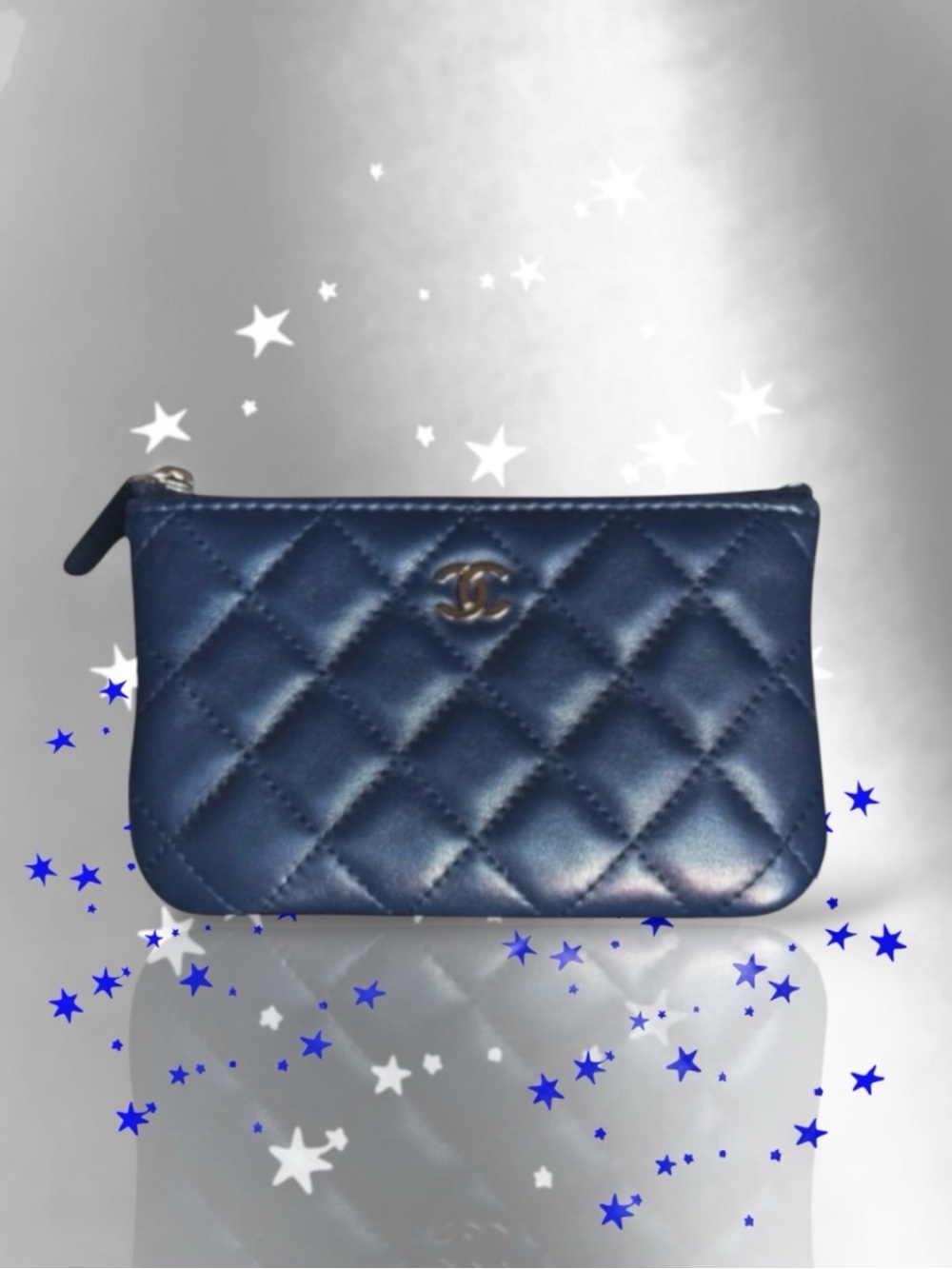 🩷CHANEL Classic Quilted Navy Lambskin Zipped Case Pouch Wallet Clutch Silver HW